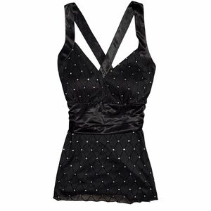 Y2K Black Rhinestone Satin Babydoll Top Size 10P McBling Whimsygoth Vibes